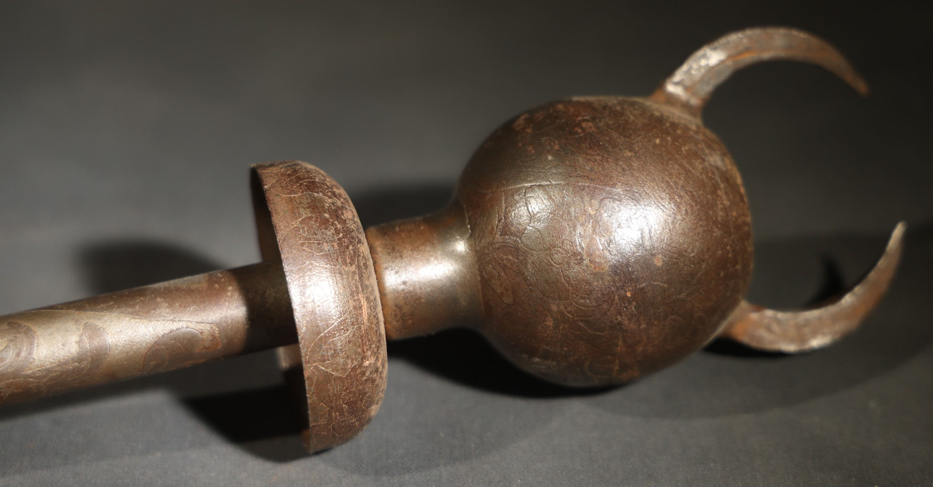Vintage Persian Export Devil-Head Mace with Engraved Shaft and Disc Guard