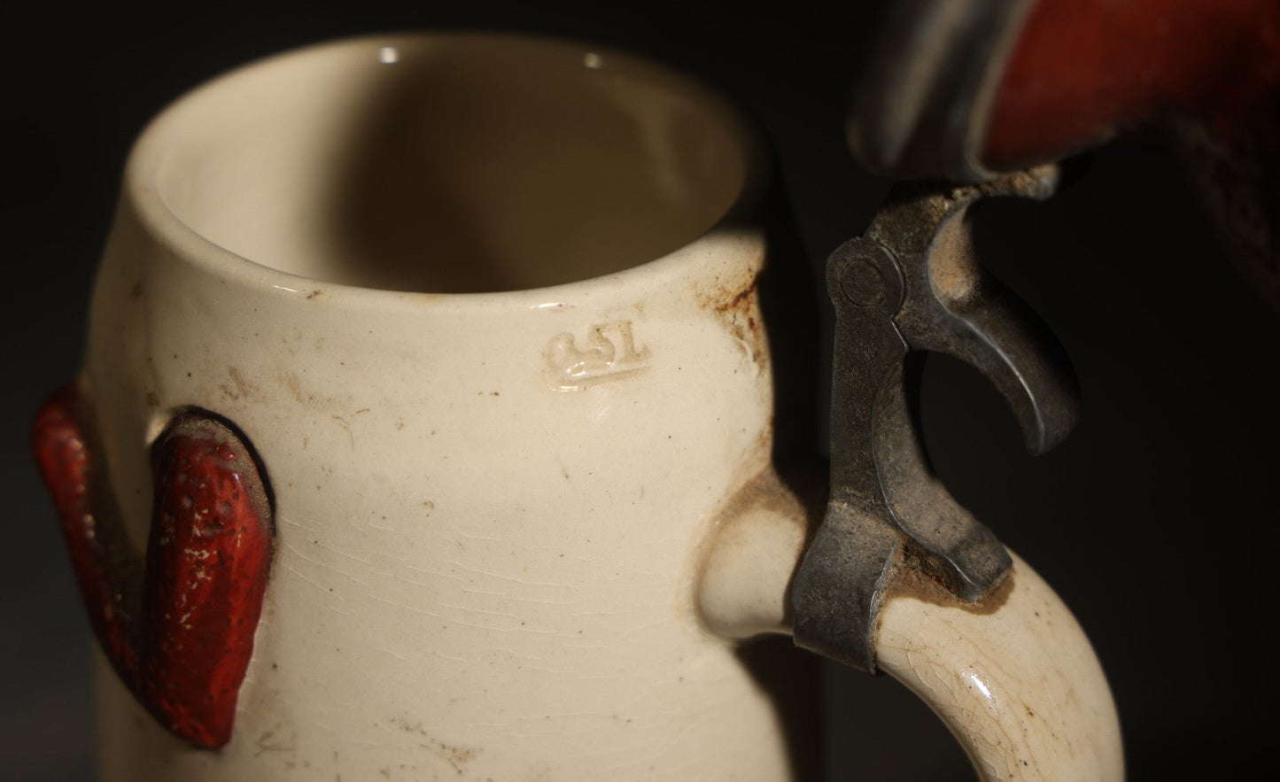 Antique German Figural Devil Beer Stein with Pewter Rimmed Lid, "Wer mit mir schließt einen Pakt, dem bleibt der Magen stets intakt" ("Whoever Makes a Pact with Me, Their Stomach Will Always Remain Intact"), Mold 1565