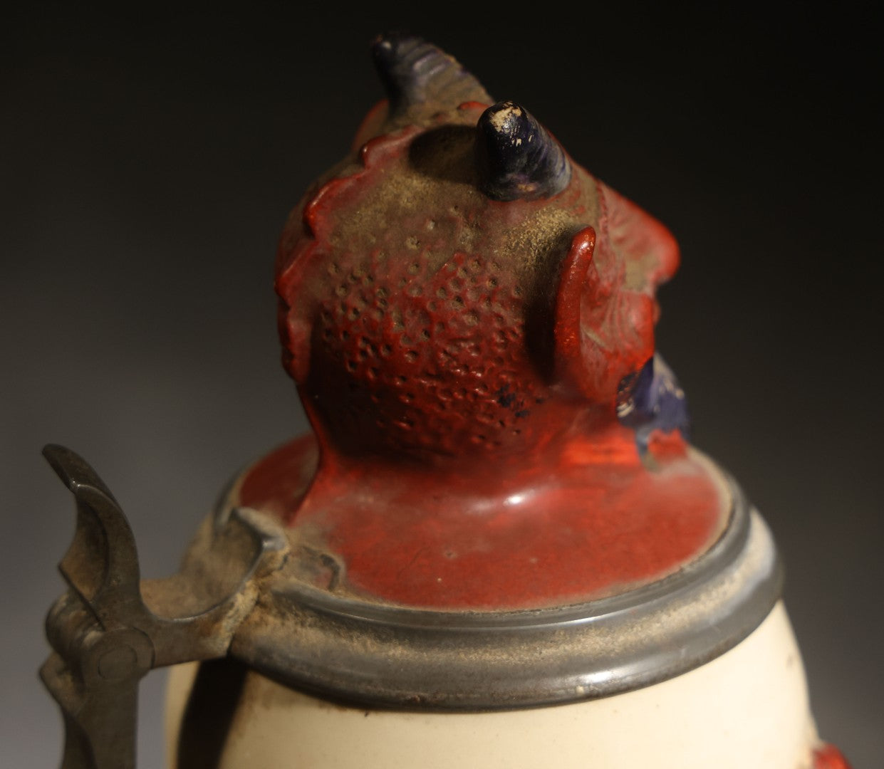 Antique German Figural Devil Beer Stein with Pewter Rimmed Lid, "Wer mit mir schließt einen Pakt, dem bleibt der Magen stets intakt" ("Whoever Makes a Pact with Me, Their Stomach Will Always Remain Intact"), Mold 1565