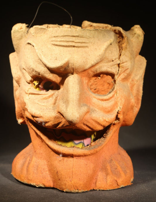 Vintage Papier-Mache / Paper Pulp Halloween Devil Head Lantern with Original Partial Paper Insert, Manufactured by F.N. Burt Company, Buffalo, New York, Circa 1930s, Poor Condition