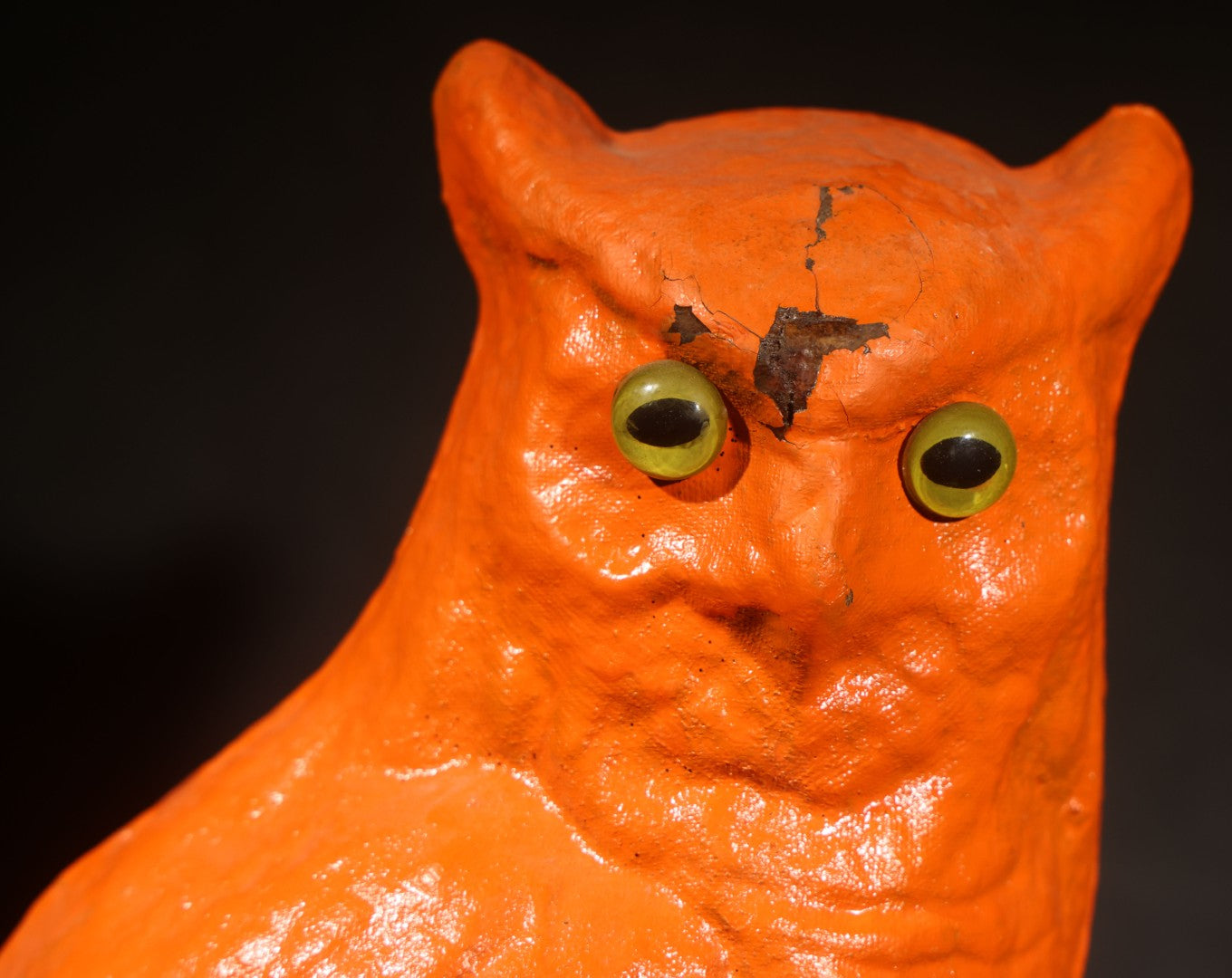 Vintage Papier-Mache / Paper Pulp Halloween Owl Figure with Glass Eyes, Repainted