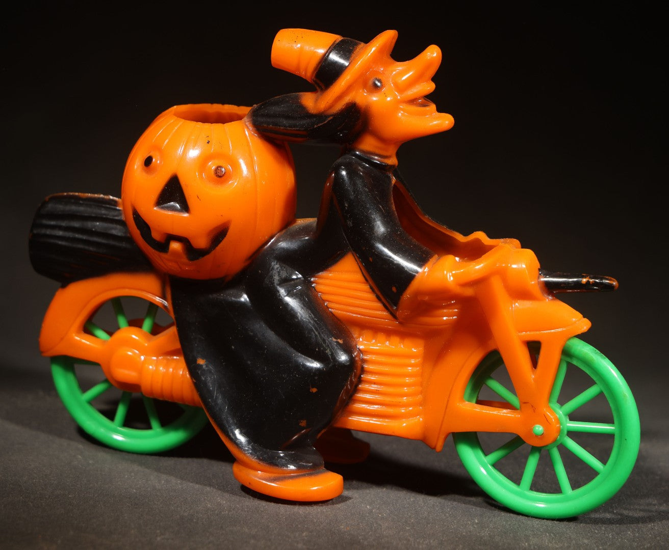 Vintage Plastic Halloween Witch on Motorcycle Candy Container, Circa 1950s, Manufactured by Rosbro Plastics, Pawtucket, Rhode Island