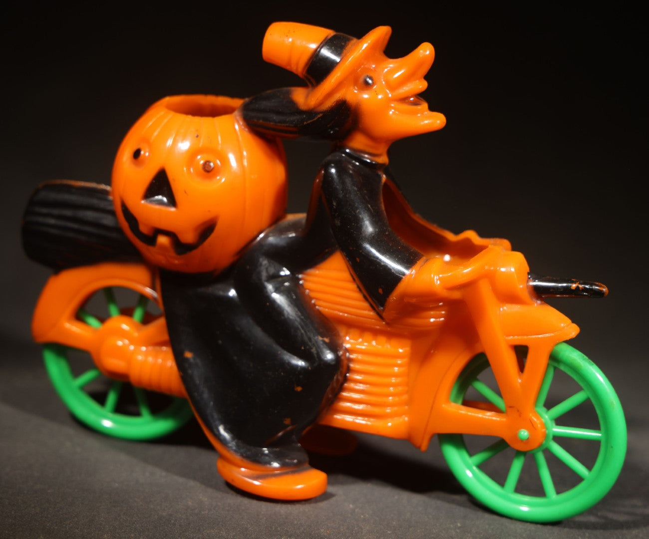 Vintage Plastic Halloween Witch on Motorcycle Candy Container, Circa 1950s, Manufactured by Rosbro Plastics, Pawtucket, Rhode Island