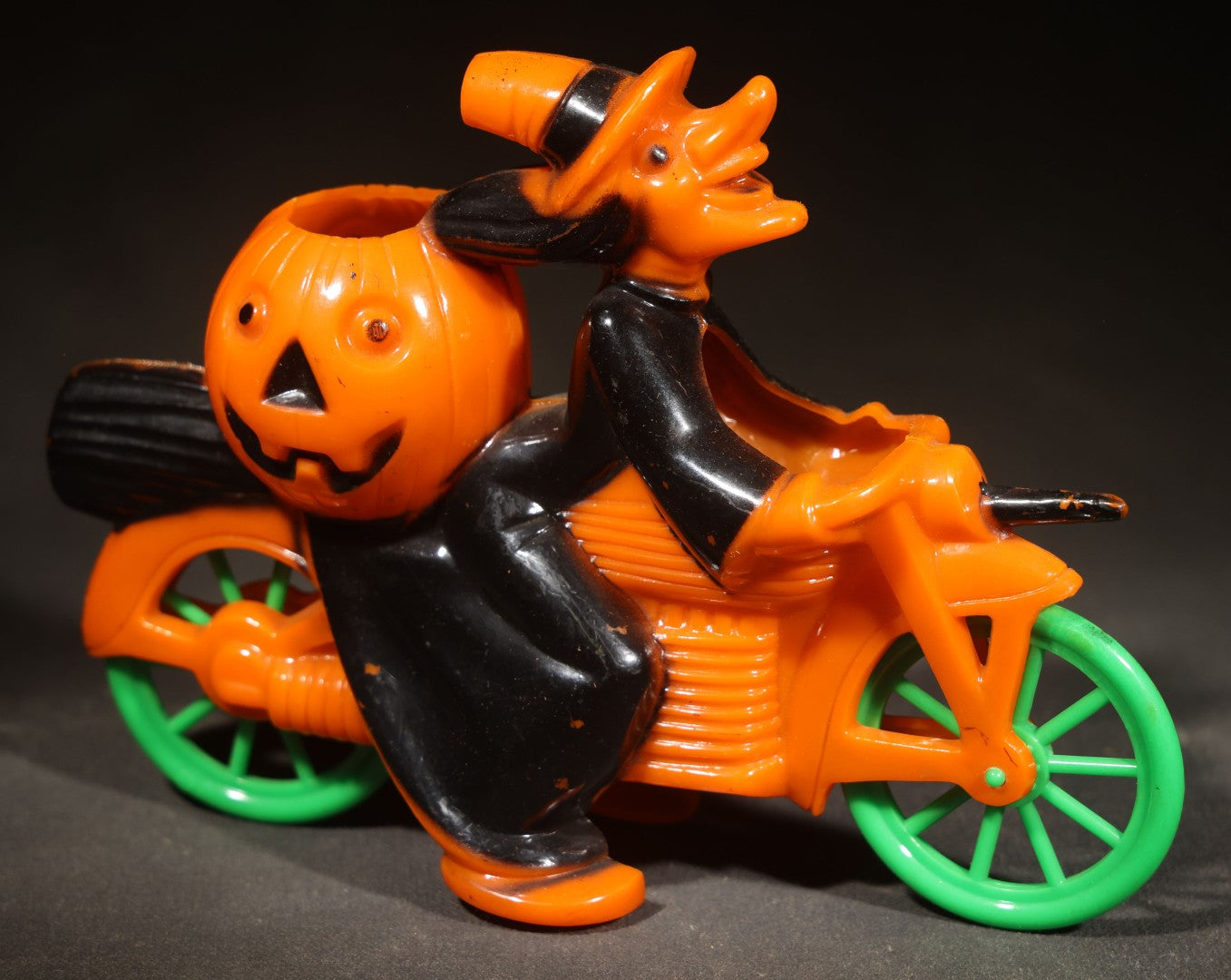 Vintage Plastic Halloween Witch on Motorcycle Candy Container, Circa 1950s, Manufactured by Rosbro Plastics, Pawtucket, Rhode Island