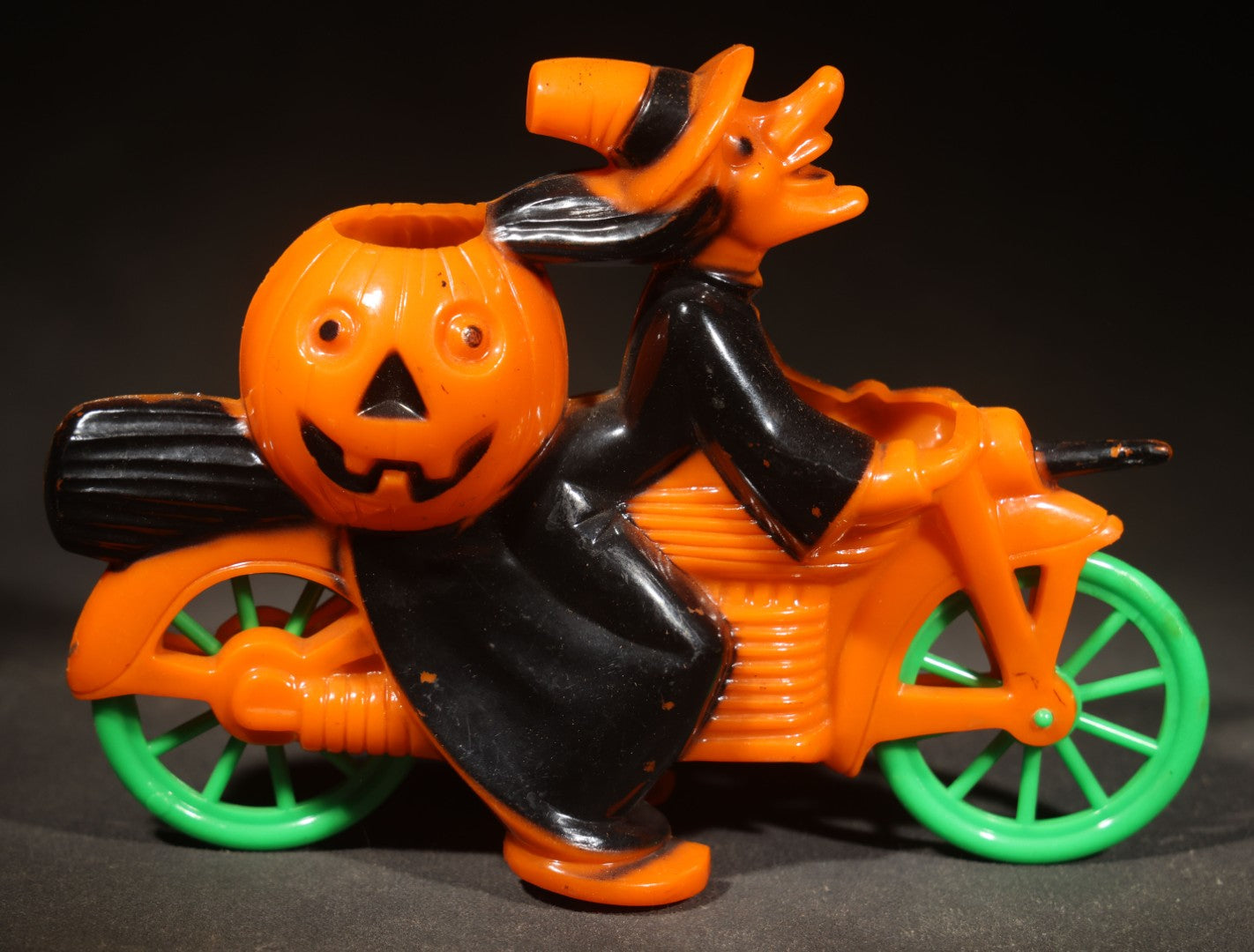 Vintage Plastic Halloween Witch on Motorcycle Candy Container, Circa 1950s, Manufactured by Rosbro Plastics, Pawtucket, Rhode Island