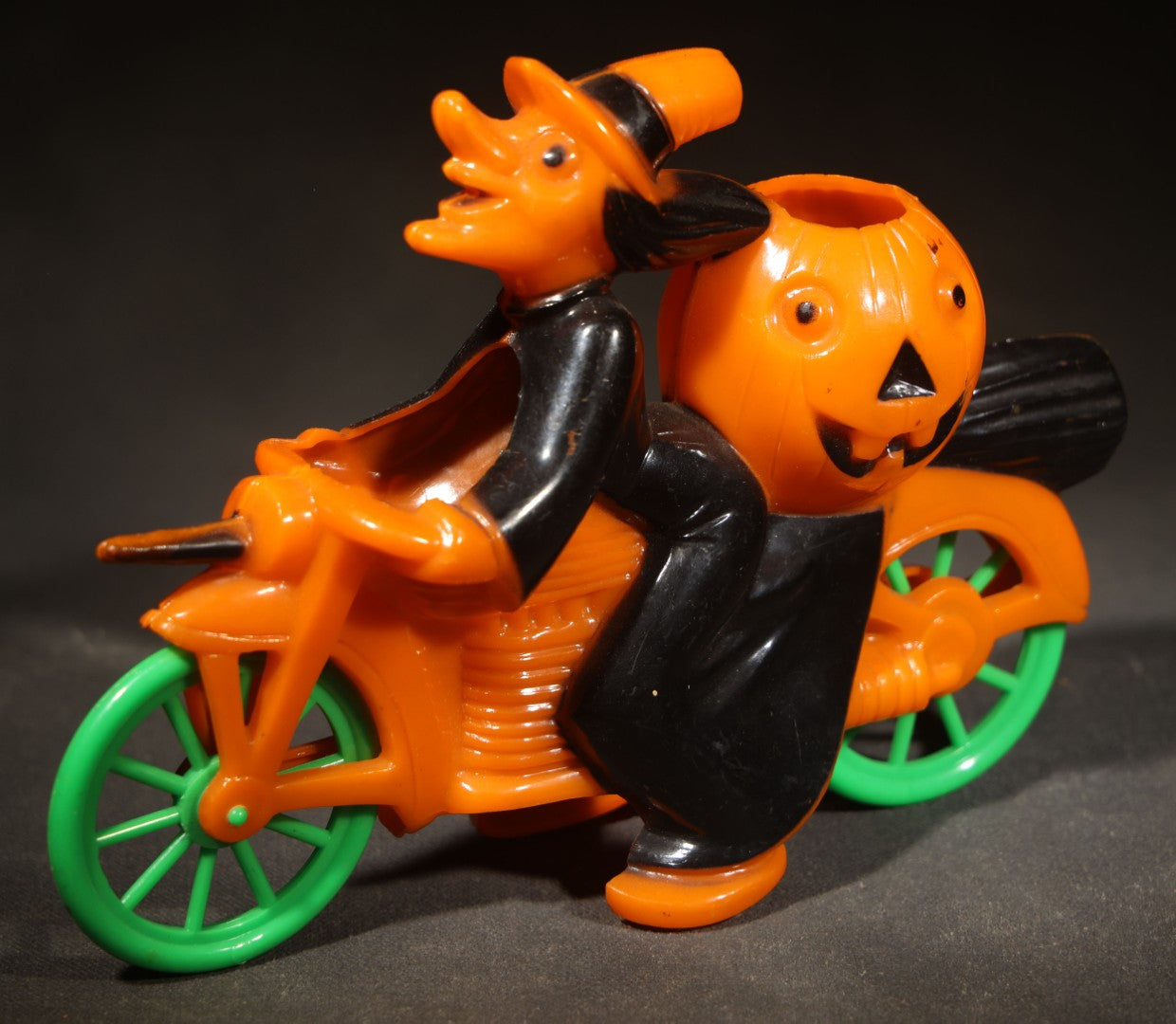 Vintage Plastic Halloween Witch on Motorcycle Candy Container, Circa 1950s, Manufactured by Rosbro Plastics, Pawtucket, Rhode Island