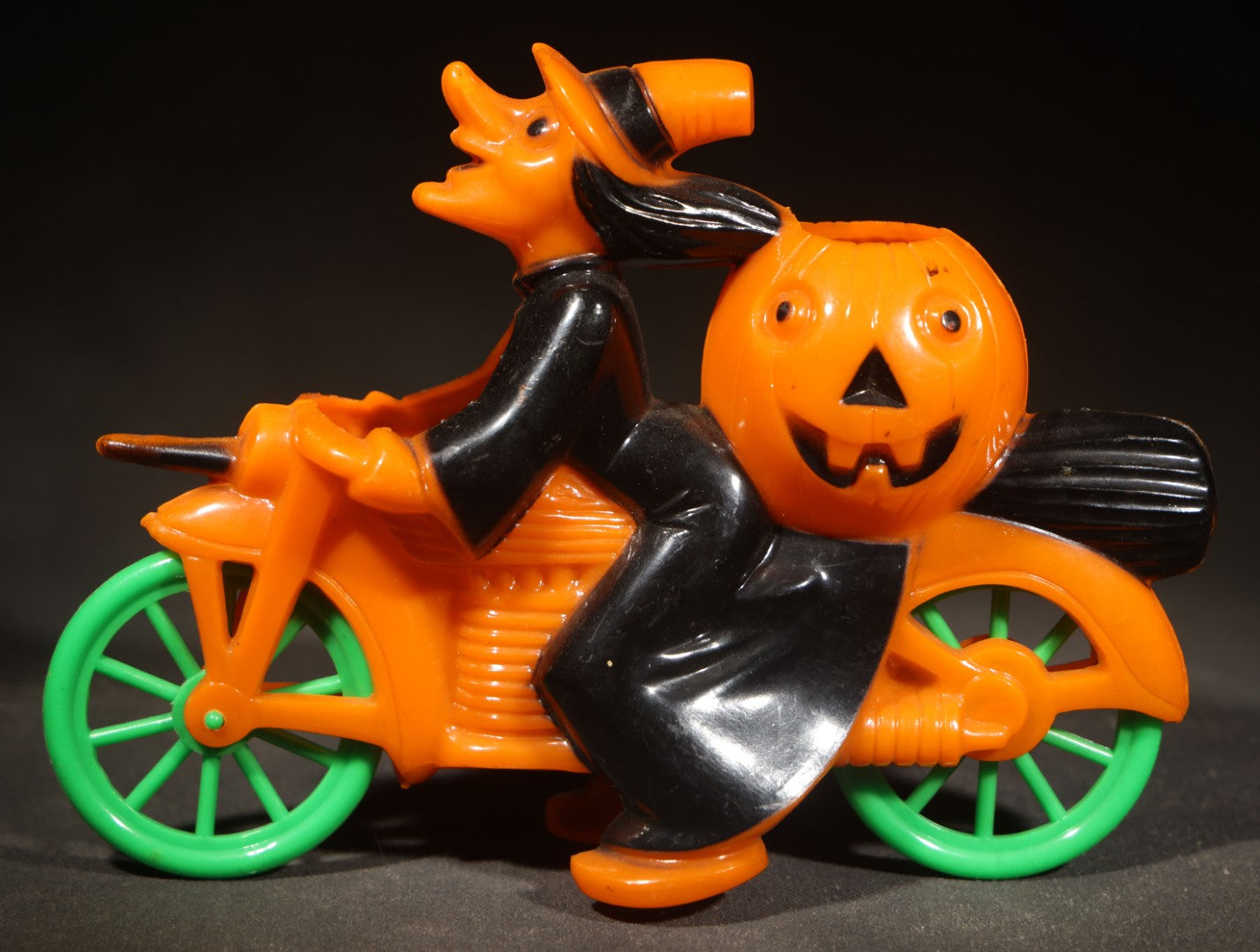 Vintage Plastic Halloween Witch on Motorcycle Candy Container, Circa 1950s, Manufactured by Rosbro Plastics, Pawtucket, Rhode Island