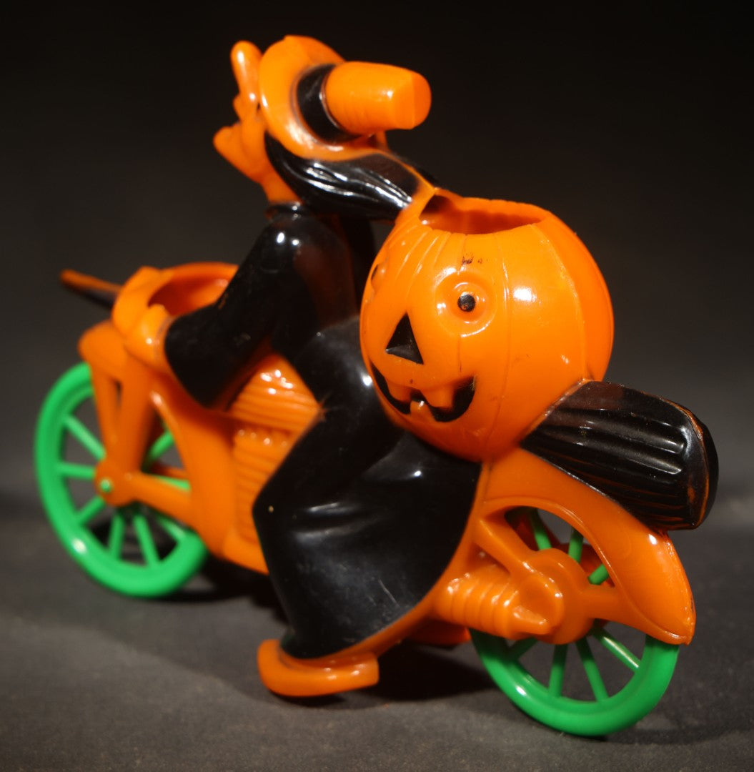 Vintage Plastic Halloween Witch on Motorcycle Candy Container, Circa 1950s, Manufactured by Rosbro Plastics, Pawtucket, Rhode Island