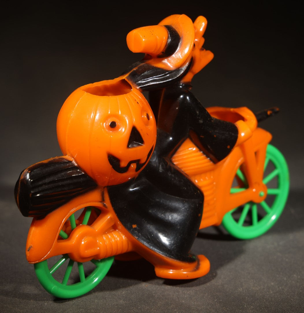 Vintage Plastic Halloween Witch on Motorcycle Candy Container, Circa 1950s, Manufactured by Rosbro Plastics, Pawtucket, Rhode Island