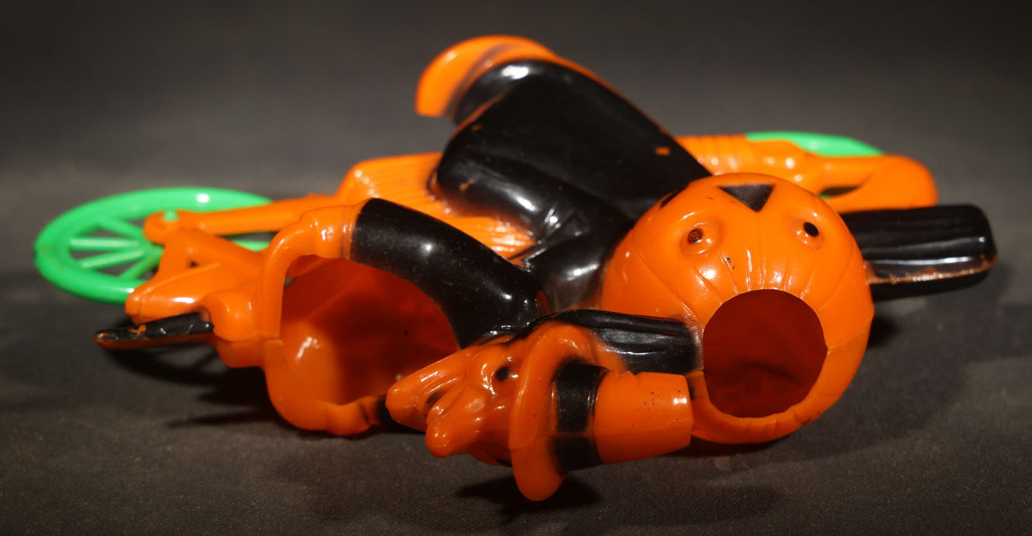 Vintage Plastic Halloween Witch on Motorcycle Candy Container, Circa 1950s, Manufactured by Rosbro Plastics, Pawtucket, Rhode Island