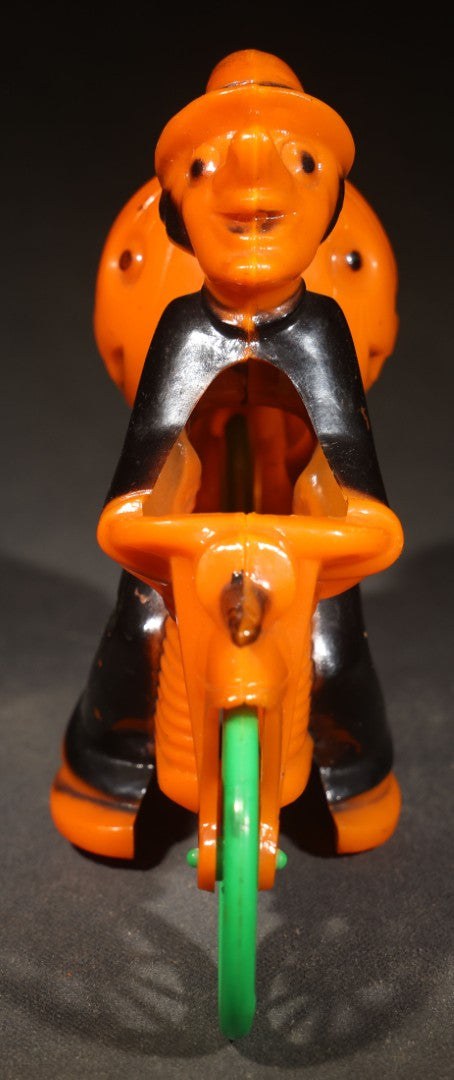 Vintage Plastic Halloween Witch on Motorcycle Candy Container, Circa 1950s, Manufactured by Rosbro Plastics, Pawtucket, Rhode Island