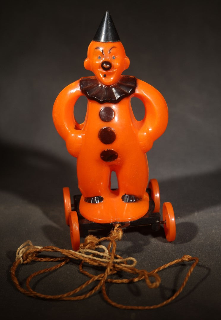 Vintage Plastic Halloween Clown Pull Toy Candy Container, Circa 1950s, Manufactured by Rosbro Plastics, Pawtucket, Rhode Island (Black Hat & Base)