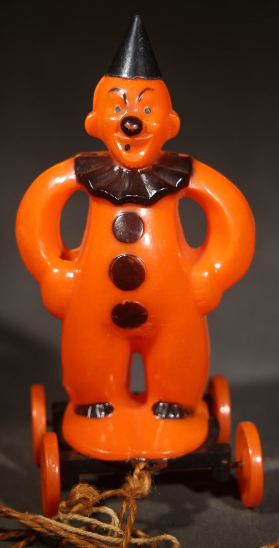 Vintage Plastic Halloween Clown Pull Toy Candy Container, Circa 1950s, Manufactured by Rosbro Plastics, Pawtucket, Rhode Island (Black Hat & Base)