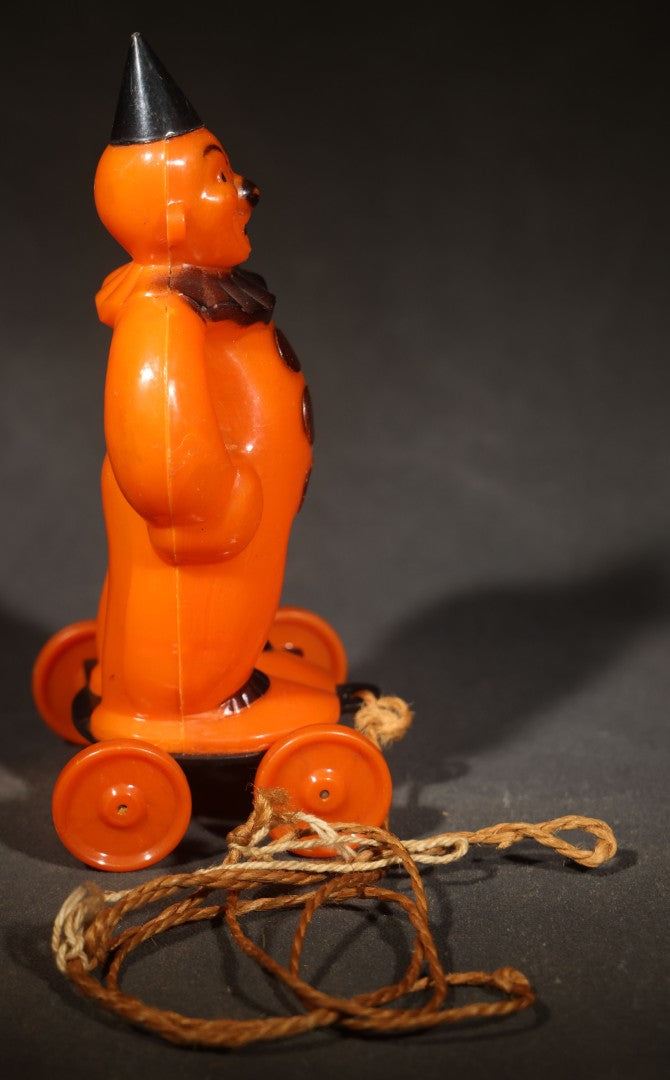 Vintage Plastic Halloween Clown Pull Toy Candy Container, Circa 1950s, Manufactured by Rosbro Plastics, Pawtucket, Rhode Island (Black Hat & Base)
