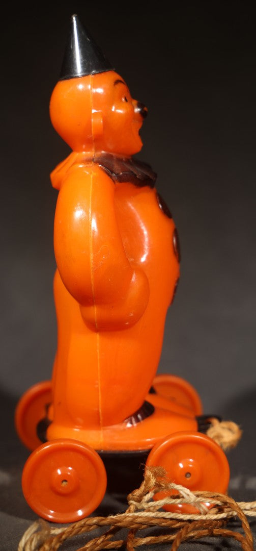 Vintage Plastic Halloween Clown Pull Toy Candy Container, Circa 1950s, Manufactured by Rosbro Plastics, Pawtucket, Rhode Island (Black Hat & Base)