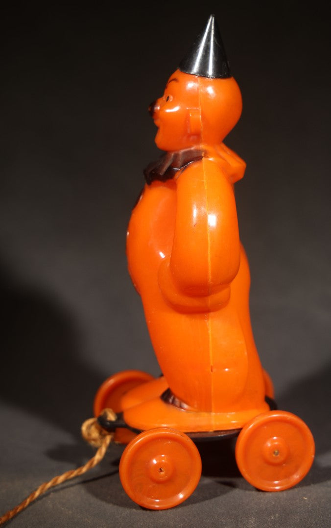 Vintage Plastic Halloween Clown Pull Toy Candy Container, Circa 1950s, Manufactured by Rosbro Plastics, Pawtucket, Rhode Island (Black Hat & Base)