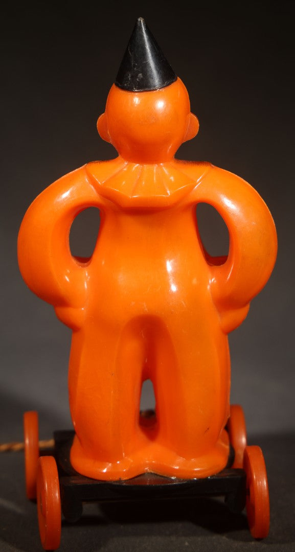 Vintage Plastic Halloween Clown Pull Toy Candy Container, Circa 1950s, Manufactured by Rosbro Plastics, Pawtucket, Rhode Island (Black Hat & Base)