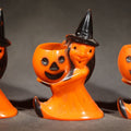 Lot 009 - Trio of Vintage Plastic Halloween Witch Holding Jack-O-Lantern Candy Containers, Circa 1950s, Manufactured by Rosbro Plastics, Pawtucket, Rhode Island, 3-7/8" H each