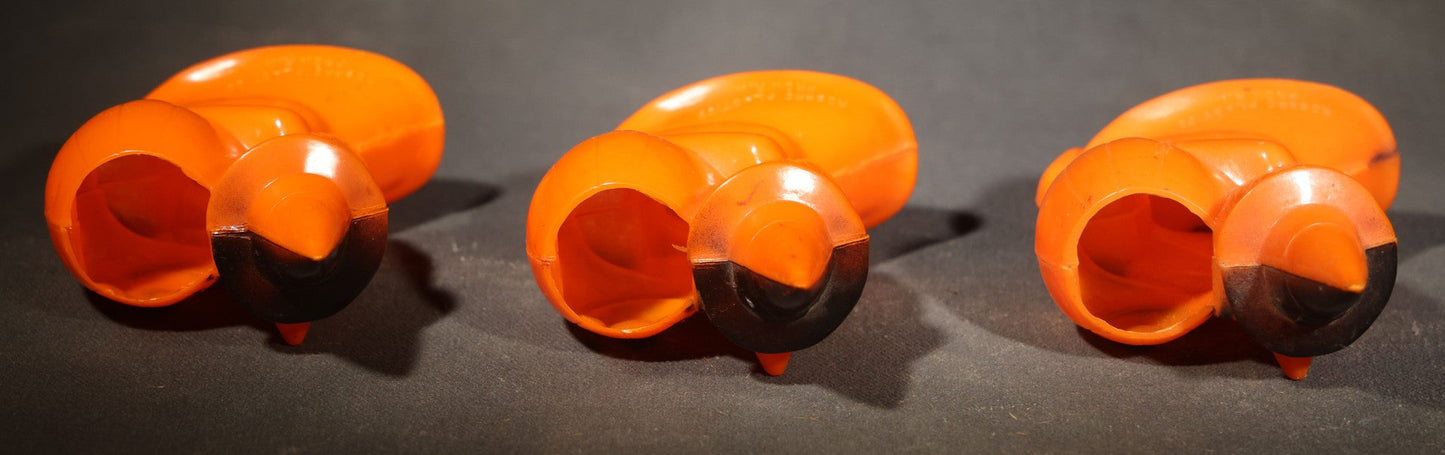 Trio of Vintage Plastic Halloween Witch Holding Jack-O-Lantern Candy Containers, Circa 1950s, Manufactured by Rosbro Plastics, Pawtucket, Rhode Island
