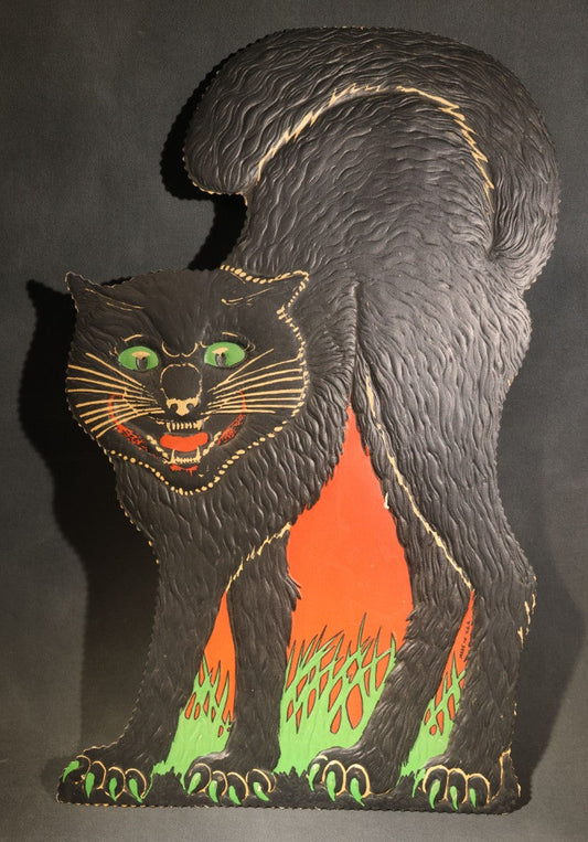 Vintage Embossed Die-Cut Halloween Black Cat Decoration with Arched Back, Green Eyes, Made in U.S.A.