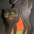 Lot 012 - Vintage Embossed Die-Cut Halloween Black Cat Decoration with Arched Back, Green Eyes, Made in U.S.A., 11" W x 18-5/8" H