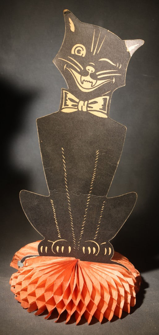Vintage Beistle Die-Cut Halloween Black Cat with Bow Tie Honeycomb Tissue Paper Table Decoration, Made in U.S.A.