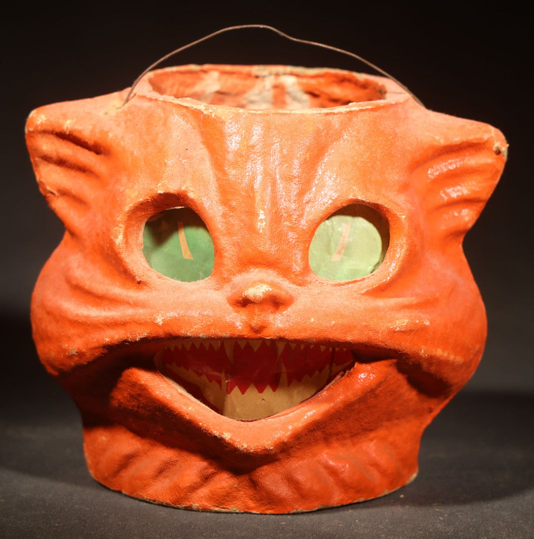 Vintage Papier-Mache / Paper Pulp Halloween Cat Head Lantern with Wire Bail Handle and Original Paper Insert