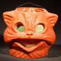 Lot 014 - Vintage Papier-Mache / Paper Pulp Halloween Cat Head Lantern with Wire Bail Handle and Original Paper Insert, 5" H