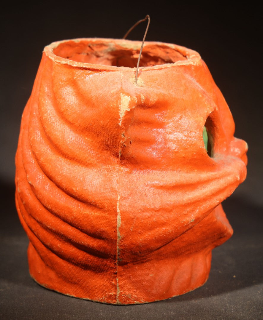 Vintage Papier-Mache / Paper Pulp Halloween Cat Head Lantern with Wire Bail Handle and Original Paper Insert