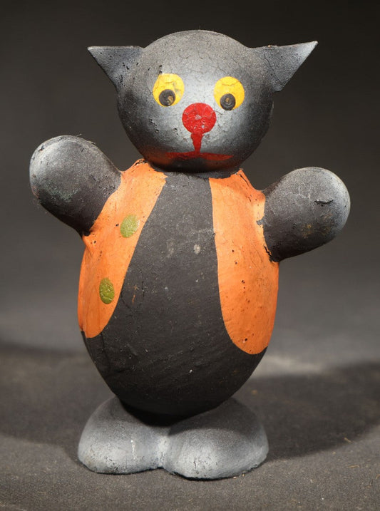 Vintage Halloween Black Cat Papier-Mache / Cardboard Candy Container with Orange Vest and Green Buttons, Marked "Germany"