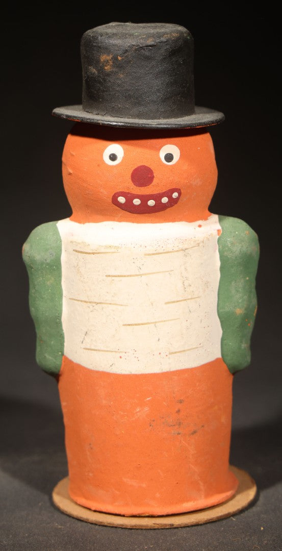 Vintage Halloween Jack-O-Lantern-Headed Man Papier-Mache / Cardboard Candy Container with Black Top Hat, Green Sleeves, Marked "Germany"