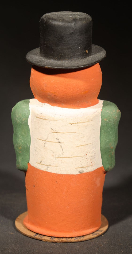 Vintage Halloween Jack-O-Lantern-Headed Man Papier-Mache / Cardboard Candy Container with Black Top Hat, Green Sleeves, Marked "Germany"