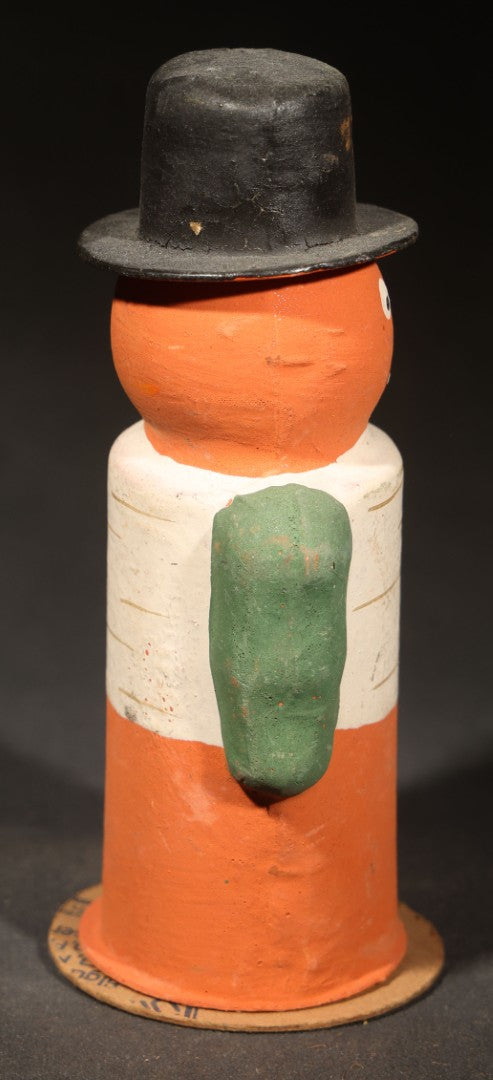 Vintage Halloween Jack-O-Lantern-Headed Man Papier-Mache / Cardboard Candy Container with Black Top Hat, Green Sleeves, Marked "Germany"