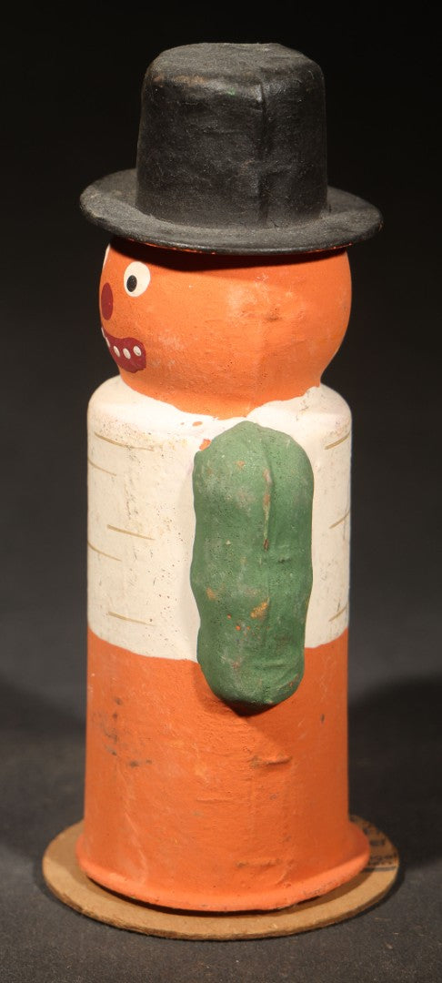 Vintage Halloween Jack-O-Lantern-Headed Man Papier-Mache / Cardboard Candy Container with Black Top Hat, Green Sleeves, Marked "Germany"