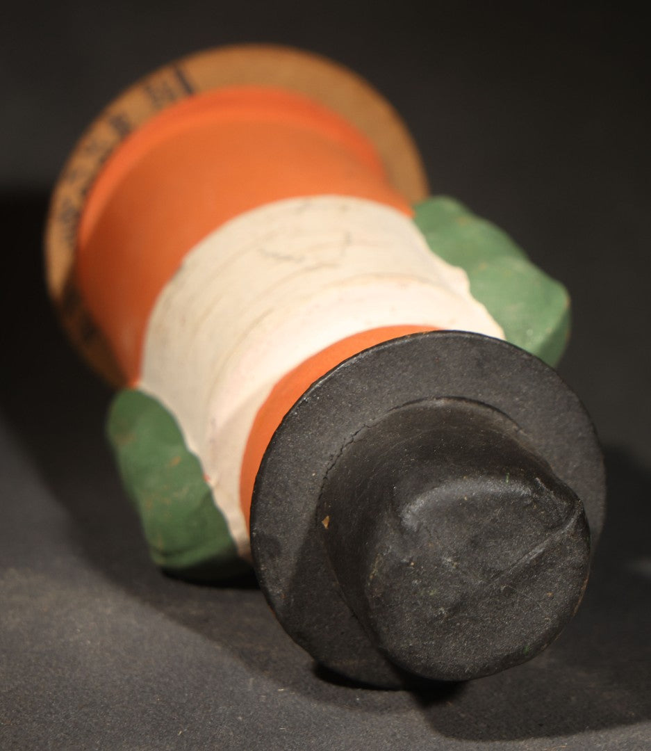 Vintage Halloween Jack-O-Lantern-Headed Man Papier-Mache / Cardboard Candy Container with Black Top Hat, Green Sleeves, Marked "Germany"