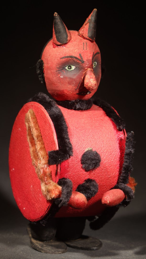 Vintage German Halloween Devil Candy Container Figure with Painted Papier-Mache Head, Chenille Trim, and Fabric-Handled Lid