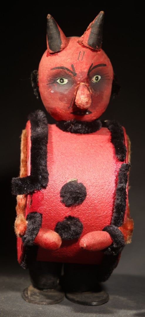 Vintage German Halloween Devil Candy Container Figure with Painted Papier-Mache Head, Chenille Trim, and Fabric-Handled Lid
