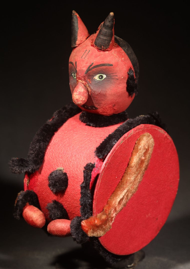 Vintage German Halloween Devil Candy Container Figure with Painted Papier-Mache Head, Chenille Trim, and Fabric-Handled Lid