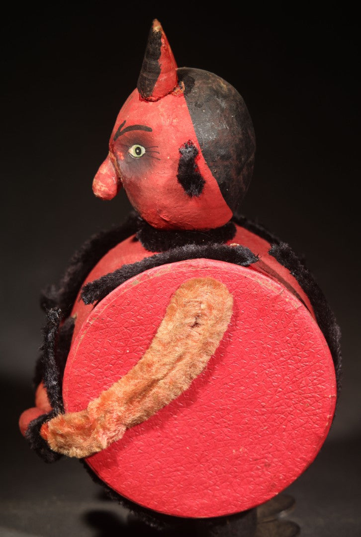 Vintage German Halloween Devil Candy Container Figure with Painted Papier-Mache Head, Chenille Trim, and Fabric-Handled Lid