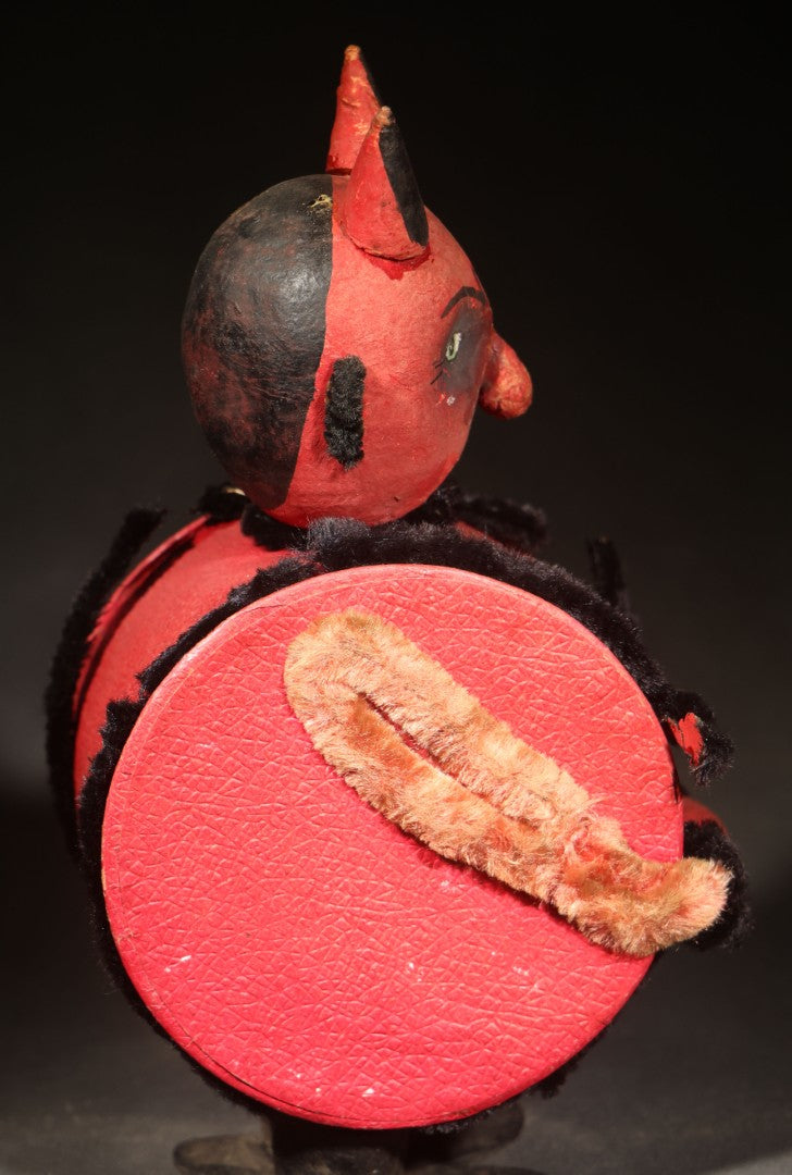 Vintage German Halloween Devil Candy Container Figure with Painted Papier-Mache Head, Chenille Trim, and Fabric-Handled Lid