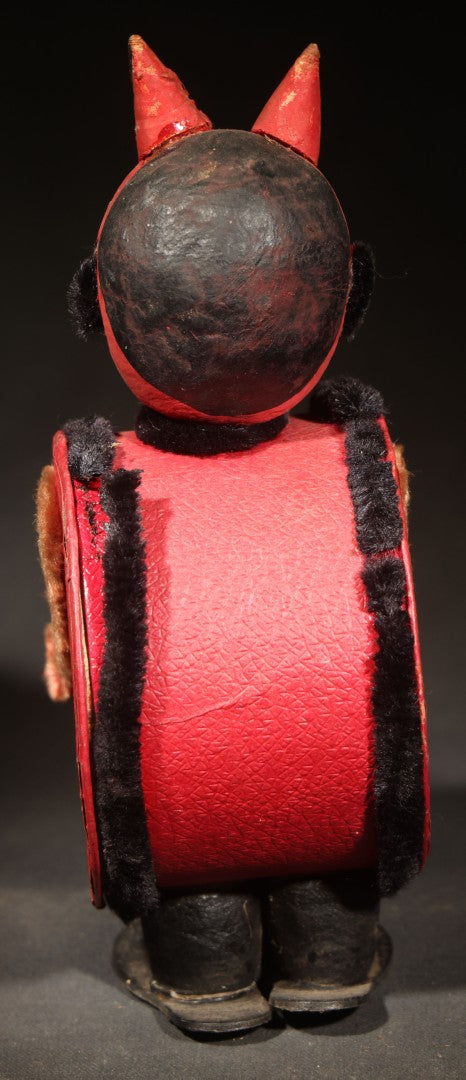 Vintage German Halloween Devil Candy Container Figure with Painted Papier-Mache Head, Chenille Trim, and Fabric-Handled Lid