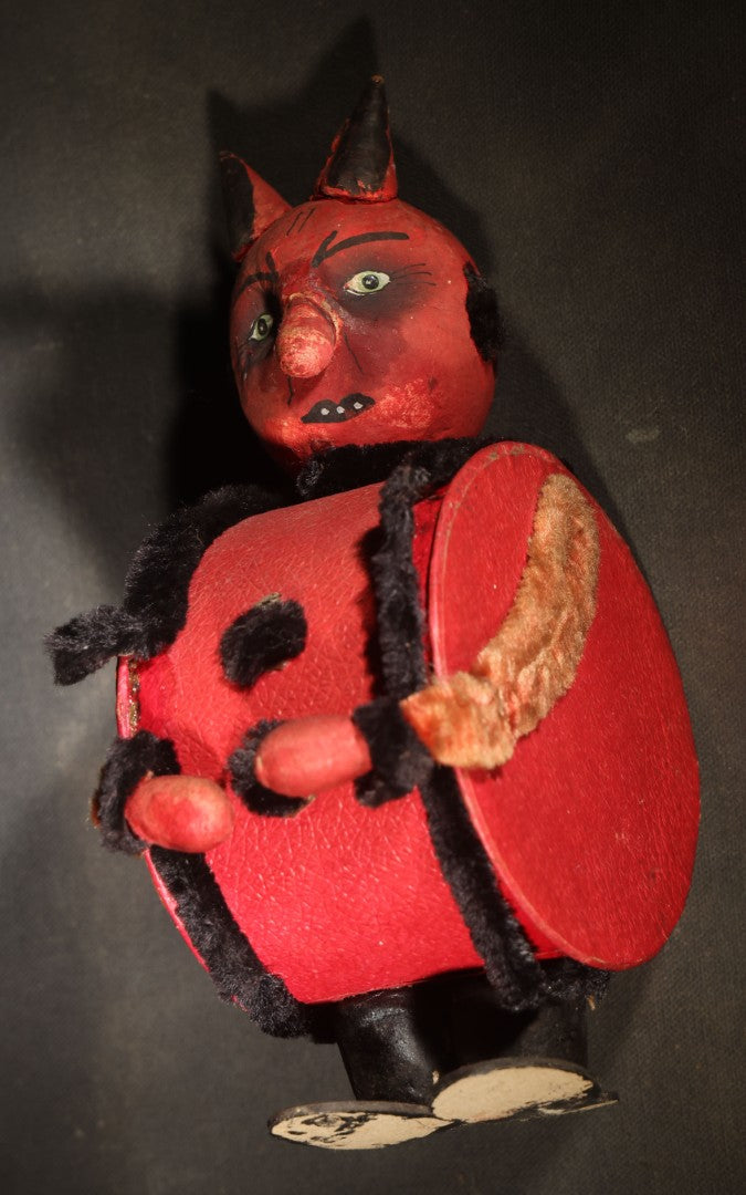 Vintage German Halloween Devil Candy Container Figure with Painted Papier-Mache Head, Chenille Trim, and Fabric-Handled Lid