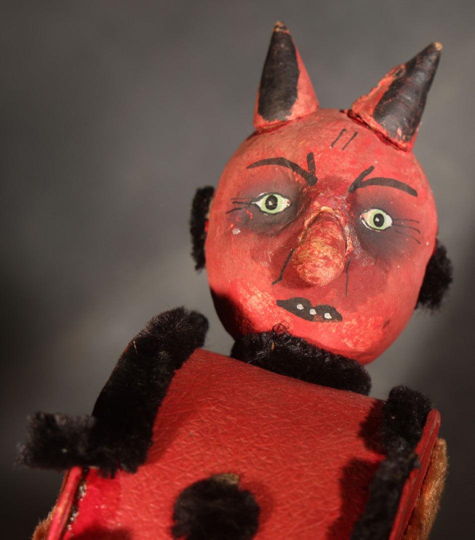 Vintage German Halloween Devil Candy Container Figure with Painted Papier-Mache Head, Chenille Trim, and Fabric-Handled Lid