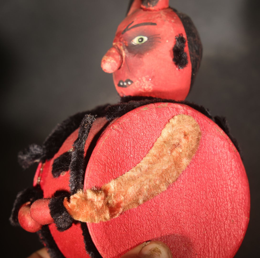 Vintage German Halloween Devil Candy Container Figure with Painted Papier-Mache Head, Chenille Trim, and Fabric-Handled Lid