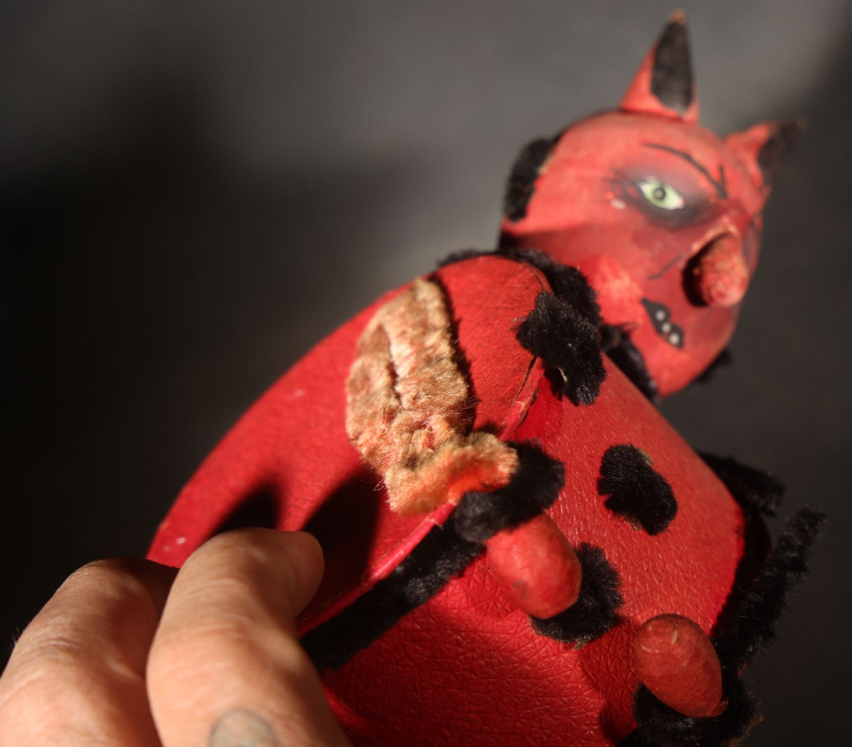 Vintage German Halloween Devil Candy Container Figure with Painted Papier-Mache Head, Chenille Trim, and Fabric-Handled Lid
