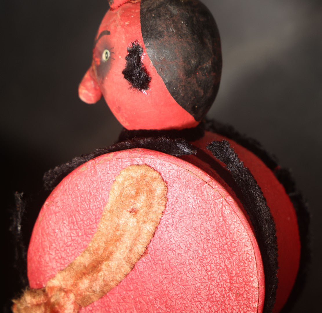 Vintage German Halloween Devil Candy Container Figure with Painted Papier-Mache Head, Chenille Trim, and Fabric-Handled Lid