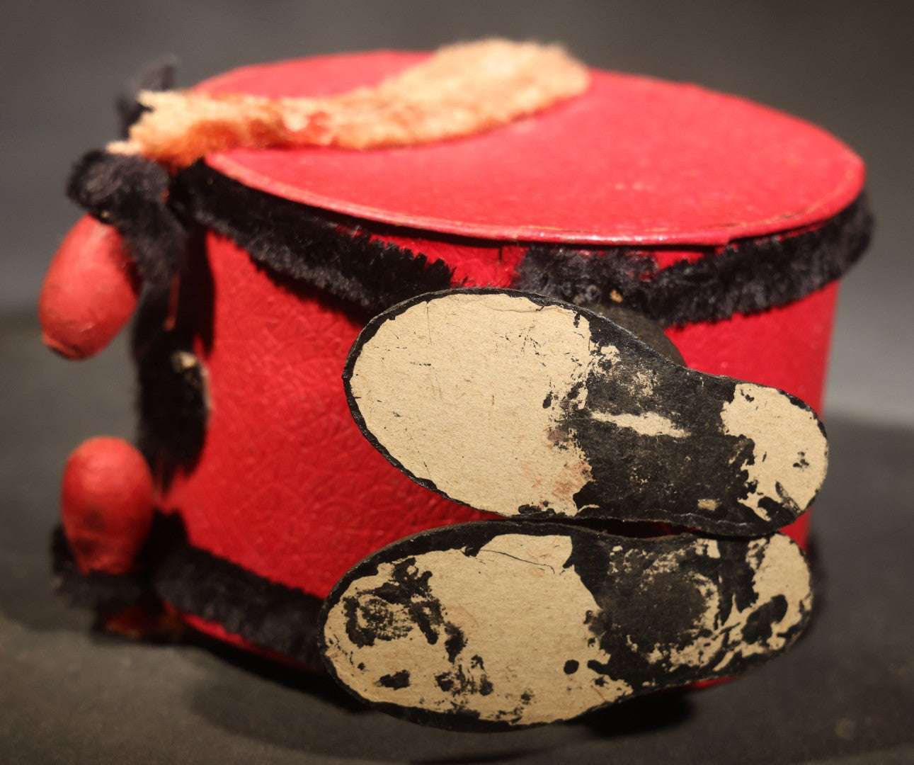 Vintage German Halloween Devil Candy Container Figure with Painted Papier-Mache Head, Chenille Trim, and Fabric-Handled Lid
