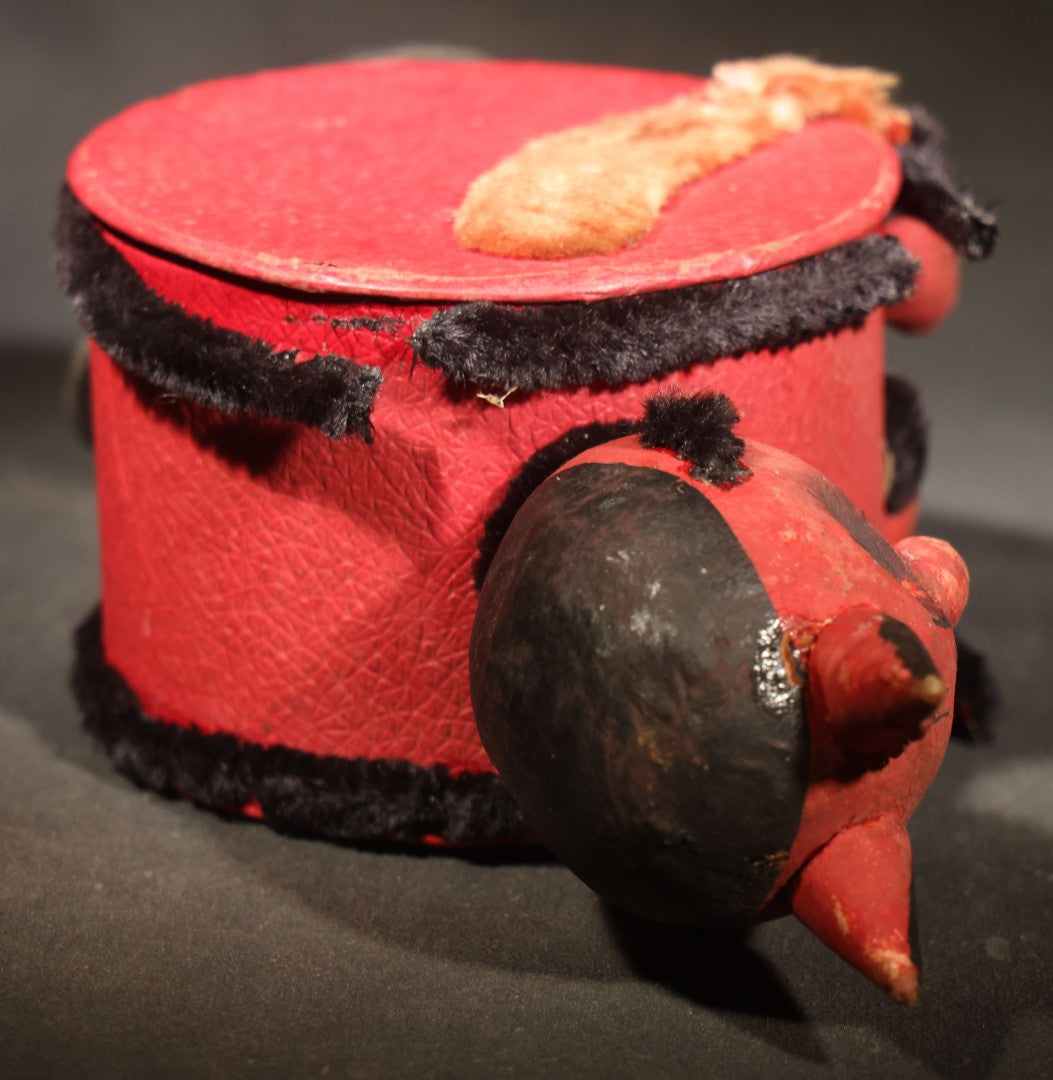 Vintage German Halloween Devil Candy Container Figure with Painted Papier-Mache Head, Chenille Trim, and Fabric-Handled Lid