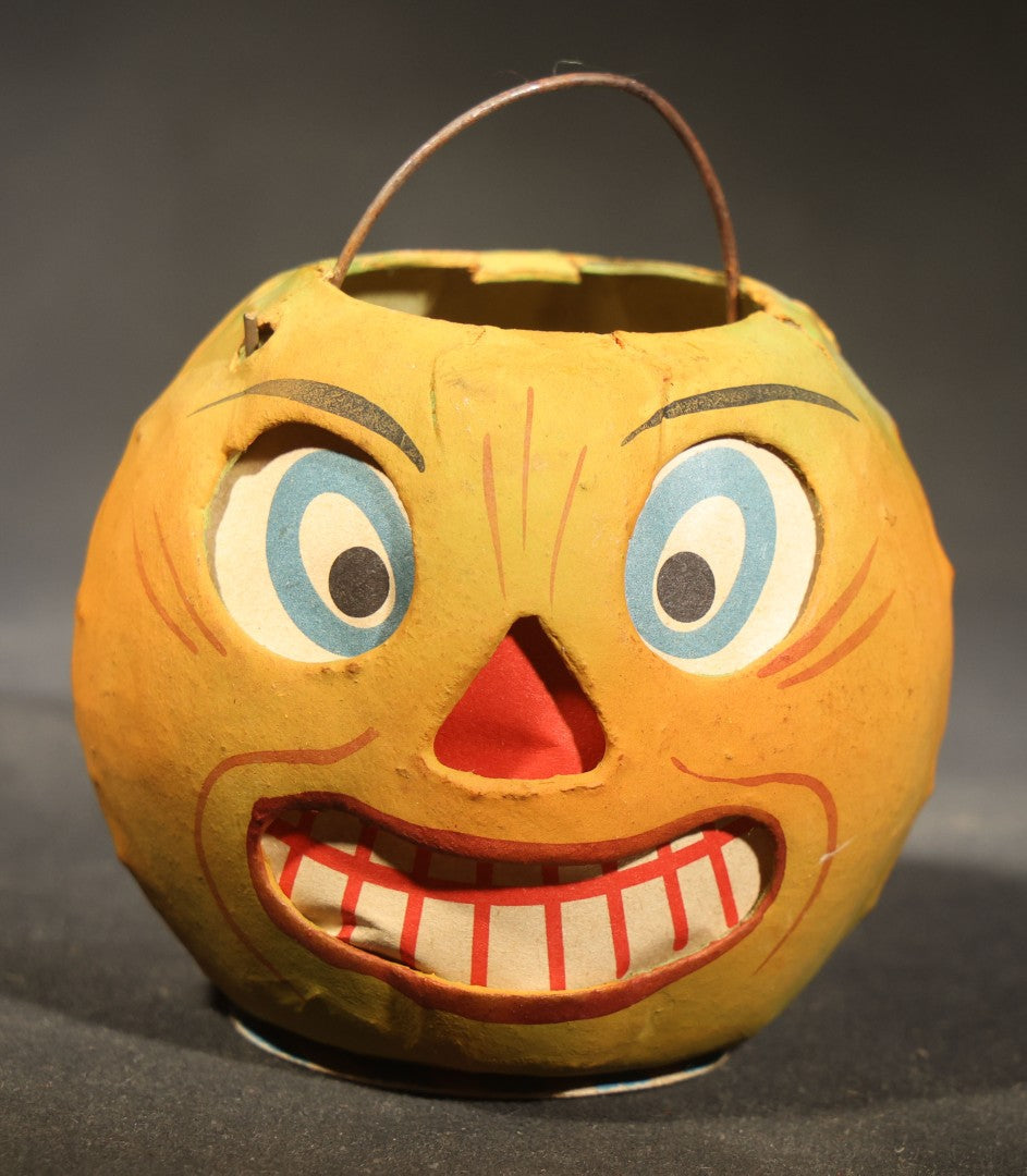 Vintage German Fantasy Reproduction Papier Mache / Pressed Paper Jack-O-Lantern Pumpkin Lantern with Wire Handle, Circa 1990s
