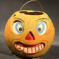 Lot 018 - Vintage German Fantasy Reproduction Papier Mache / Pressed Paper Jack-O-Lantern Pumpkin Lantern with Wire Handle, Circa 1990s, 2-5/8" H